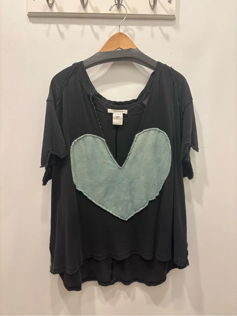 Free People x Tricia Fix Black Tee with Mint Heart Applique